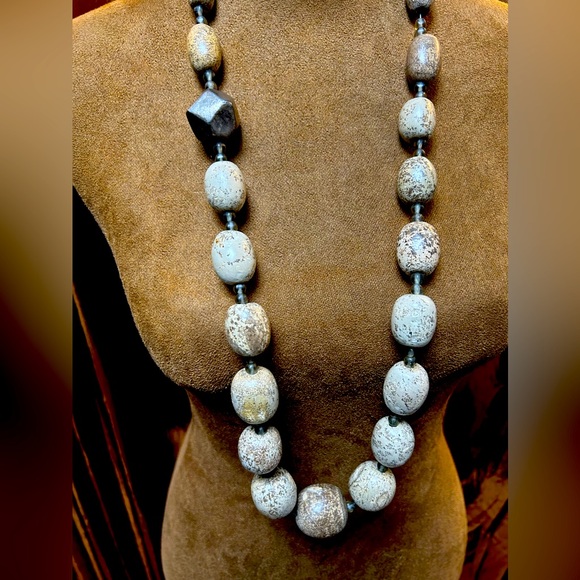 Men Natural Stone Beads Stone and Wood Bead Chain with Ball  Stone and bead ball necklace